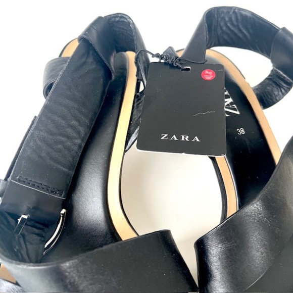 Zara Strapped Leather Sandals with Block Heel & Square Toe NWT - Picture 3 of 7